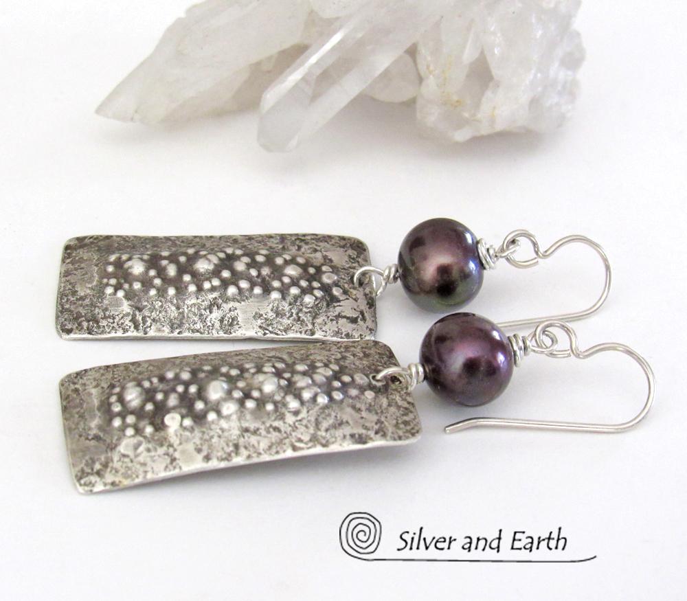 Sterling Silver Rectangle Earrings with Dark Bronze Pearls - Rustic Earthy Organic Artisan Silver Jewelry