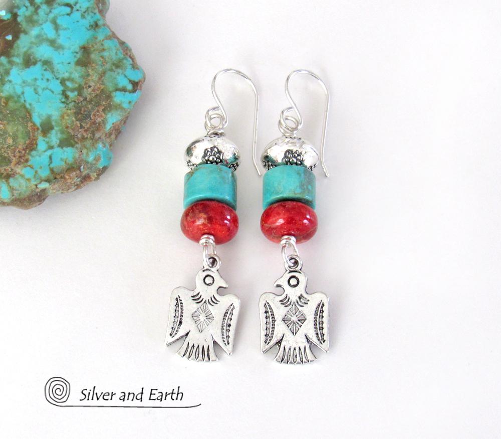 Silver Thunderbird Earrings with Turquoise & Red Coral - Boho Southwestern Jewelry 