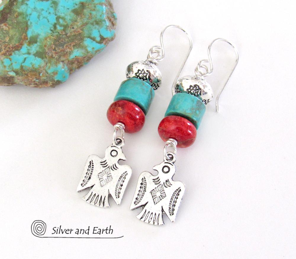 Silver Thunderbird Earrings with Turquoise & Red Coral - Boho Southwestern Jewelry 