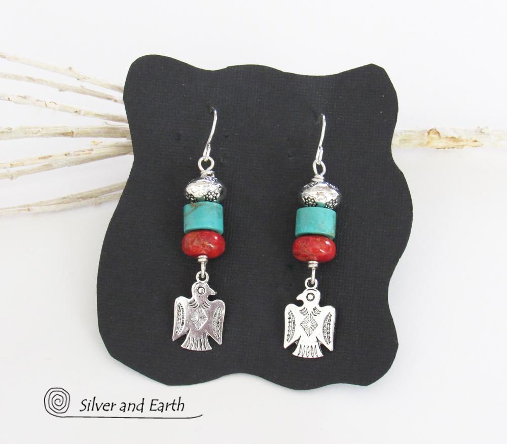 Silver Thunderbird Earrings with Turquoise & Red Coral - Boho Southwestern Jewelry 