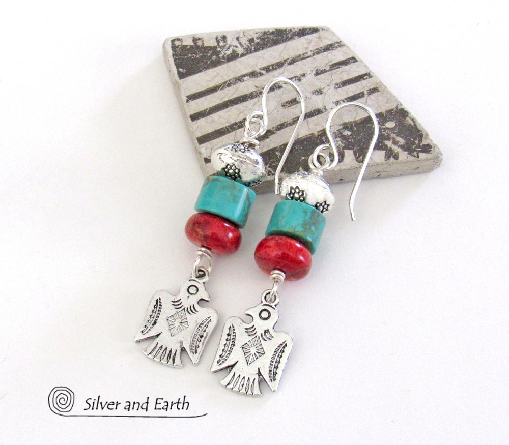 Silver Thunderbird Earrings with Turquoise & Red Coral - Boho Southwestern Jewelry 