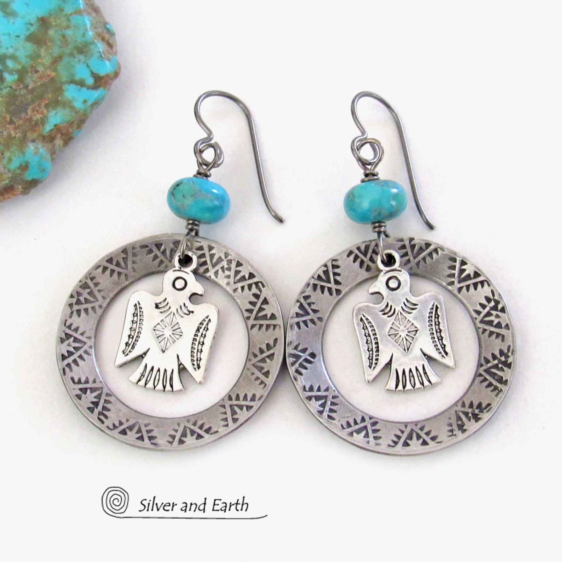 Thunderbird Silver Pewter Hoop Earrings with Blue Turquoise Stones - Handmade Southwestern Style Jewelry