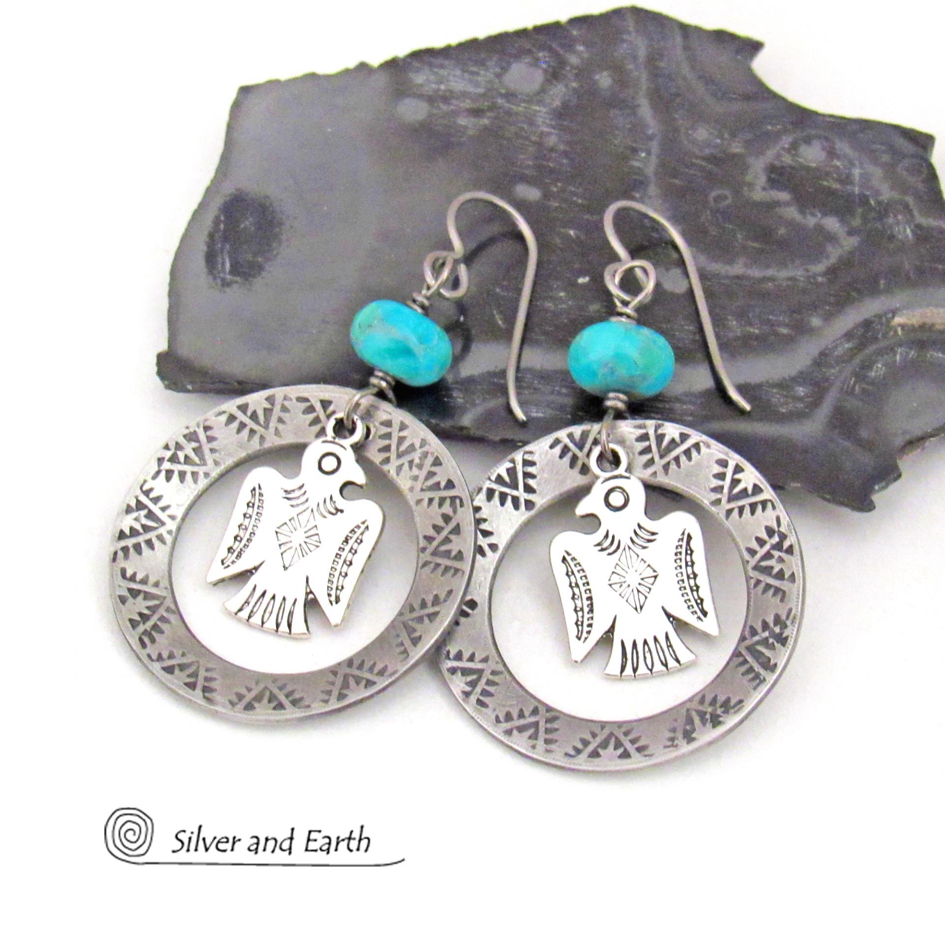 Thunderbird Silver Pewter Hoop Earrings with Blue Turquoise Stones - Handmade Southwestern Style Jewelry