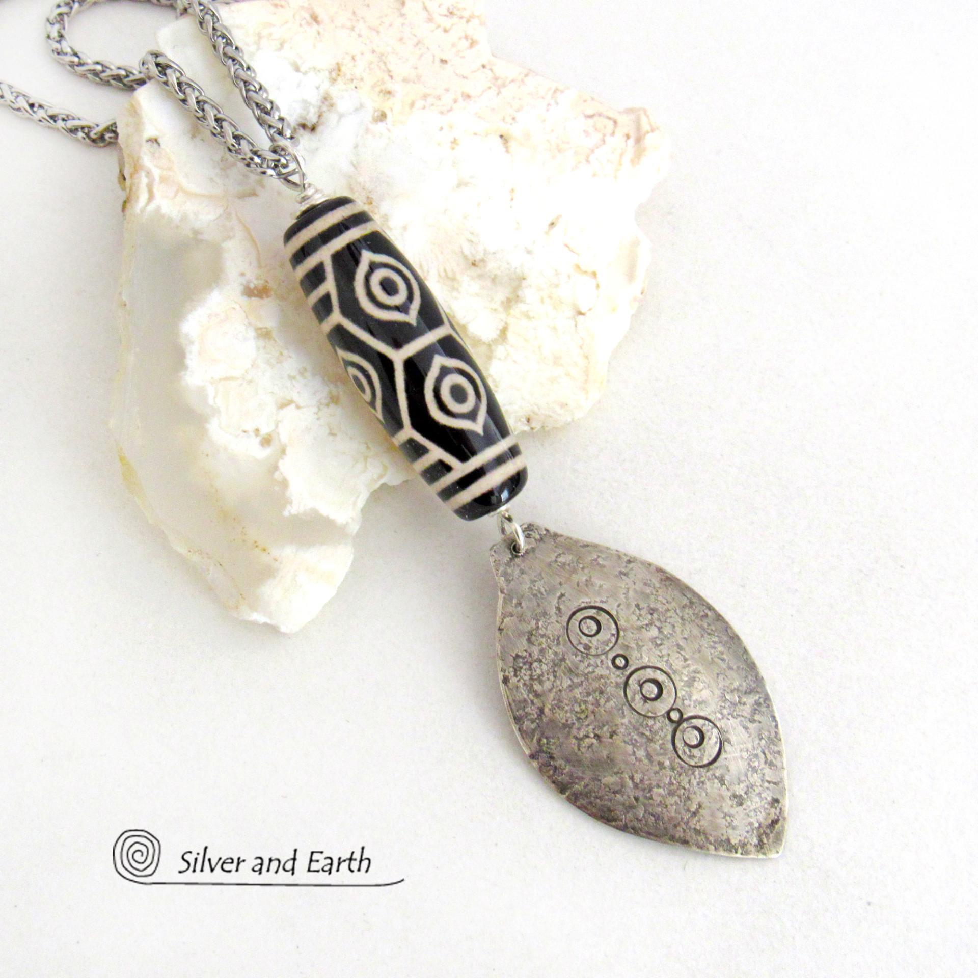 Black And White Tibetan Agate Sterling Silver Necklace - Bold Ethnic Bohemian Style Jewelry 