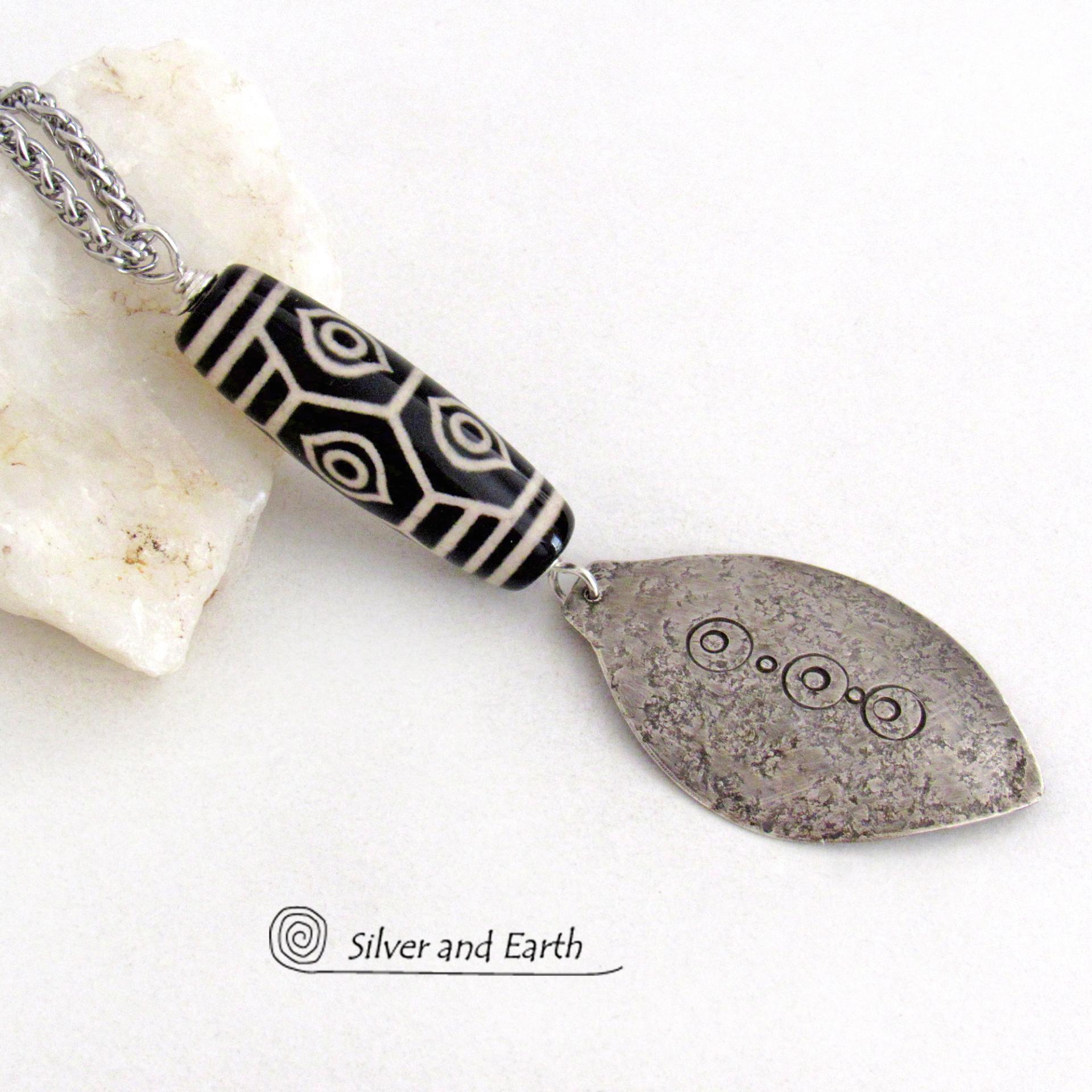 Black And White Tibetan Agate Sterling Silver Necklace - Bold Ethnic Bohemian Style Jewelry 