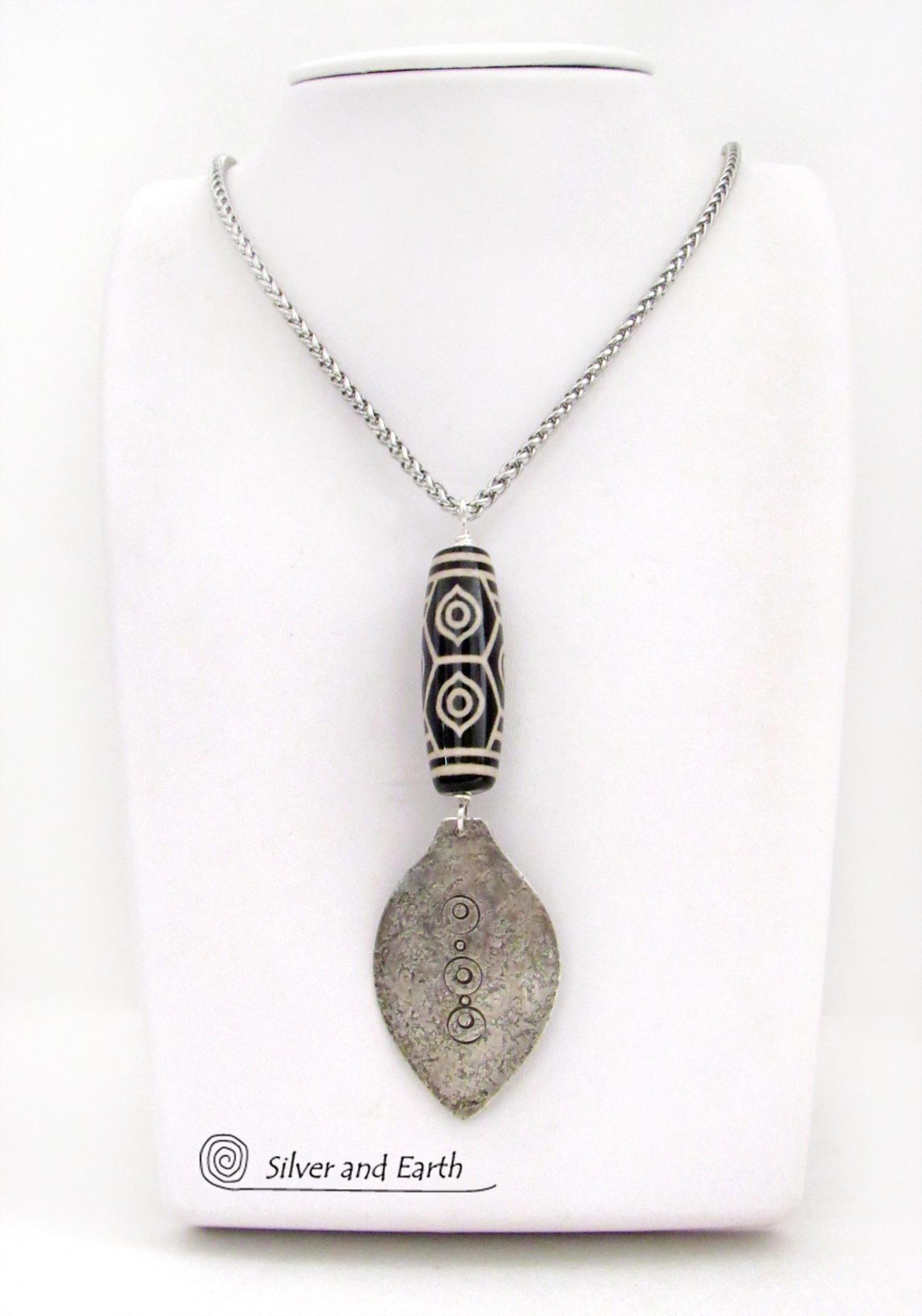 Black And White Tibetan Agate Sterling Silver Necklace - Bold Ethnic Bohemian Style Jewelry 