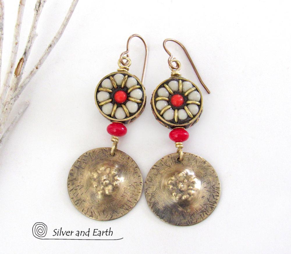 Tibetan Bead Earrings with Gold Brass Dangles & Red Coral - Bold Exotic Ethnic Tribal Style Statement Jewelry