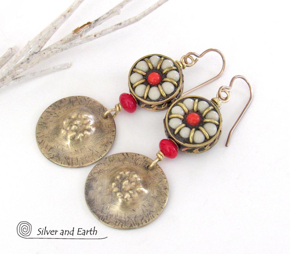 Tibetan Bead Earrings with Gold Brass Dangles & Red Coral - Bold Exotic Ethnic Tribal Style Statement Jewelry