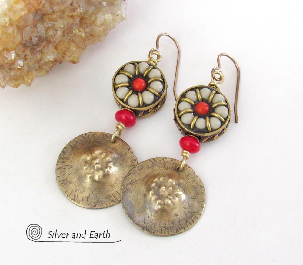 Tibetan Bead Earrings with Gold Brass Dangles & Red Coral - Bold Exotic Ethnic Tribal Style Statement Jewelry