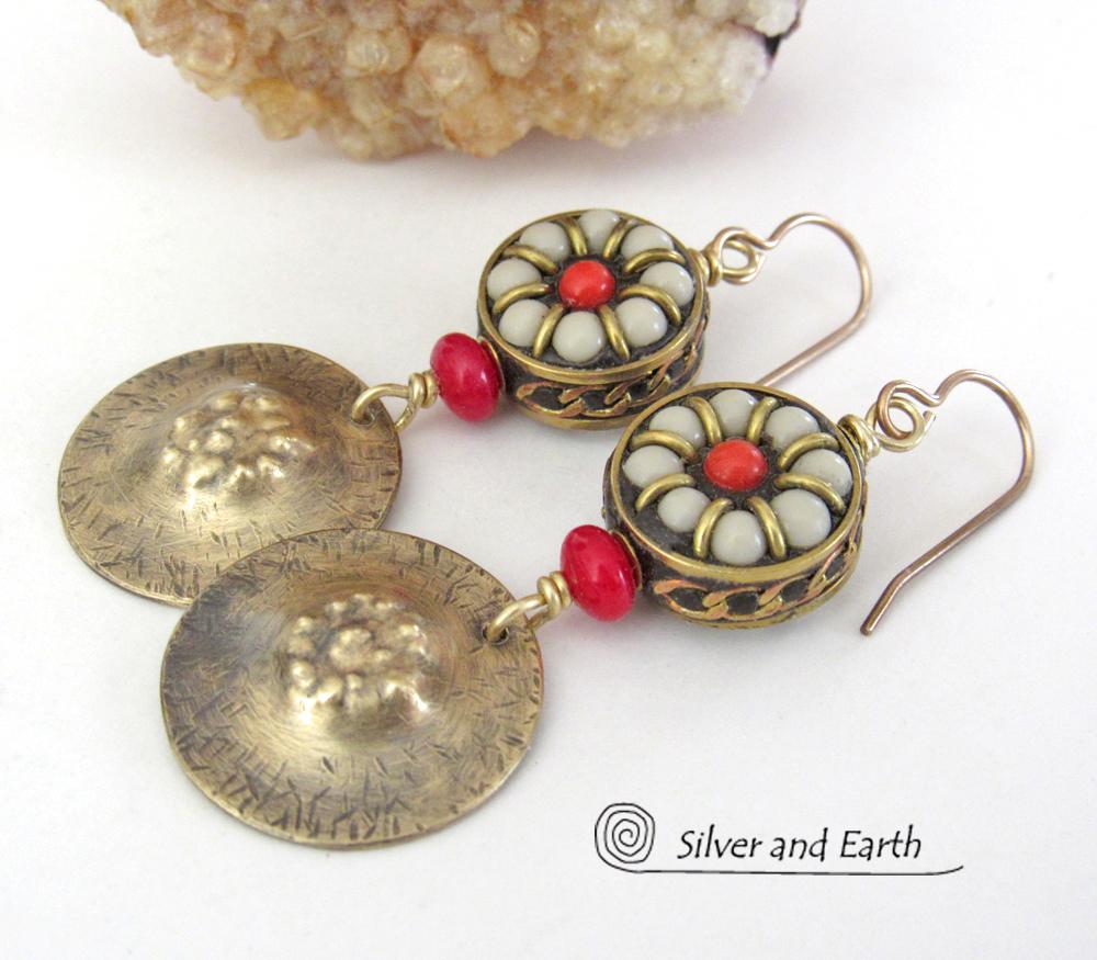 Tibetan Bead Earrings with Gold Brass Dangles & Red Coral - Bold Exotic Ethnic Tribal Style Statement Jewelry