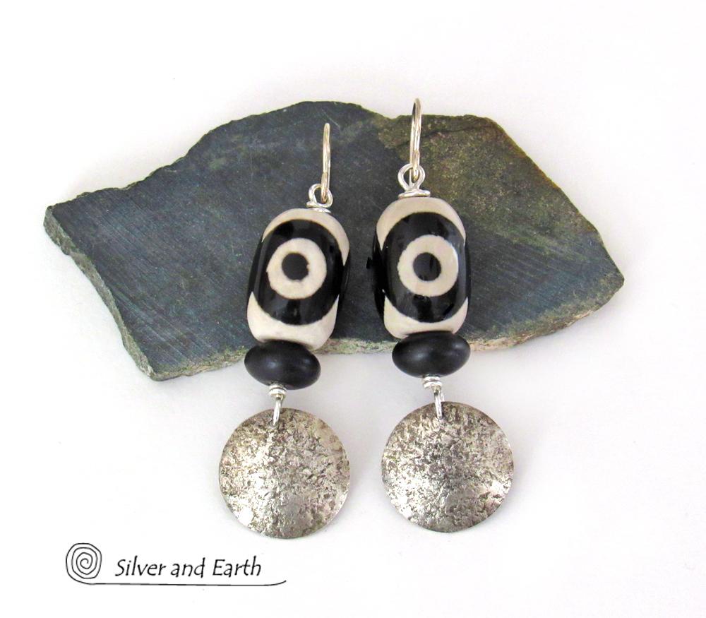 Sterling Silver Earrings with Black & White Tibetan Eye Agate Stones - Ethnic Tribal Style Jewelry