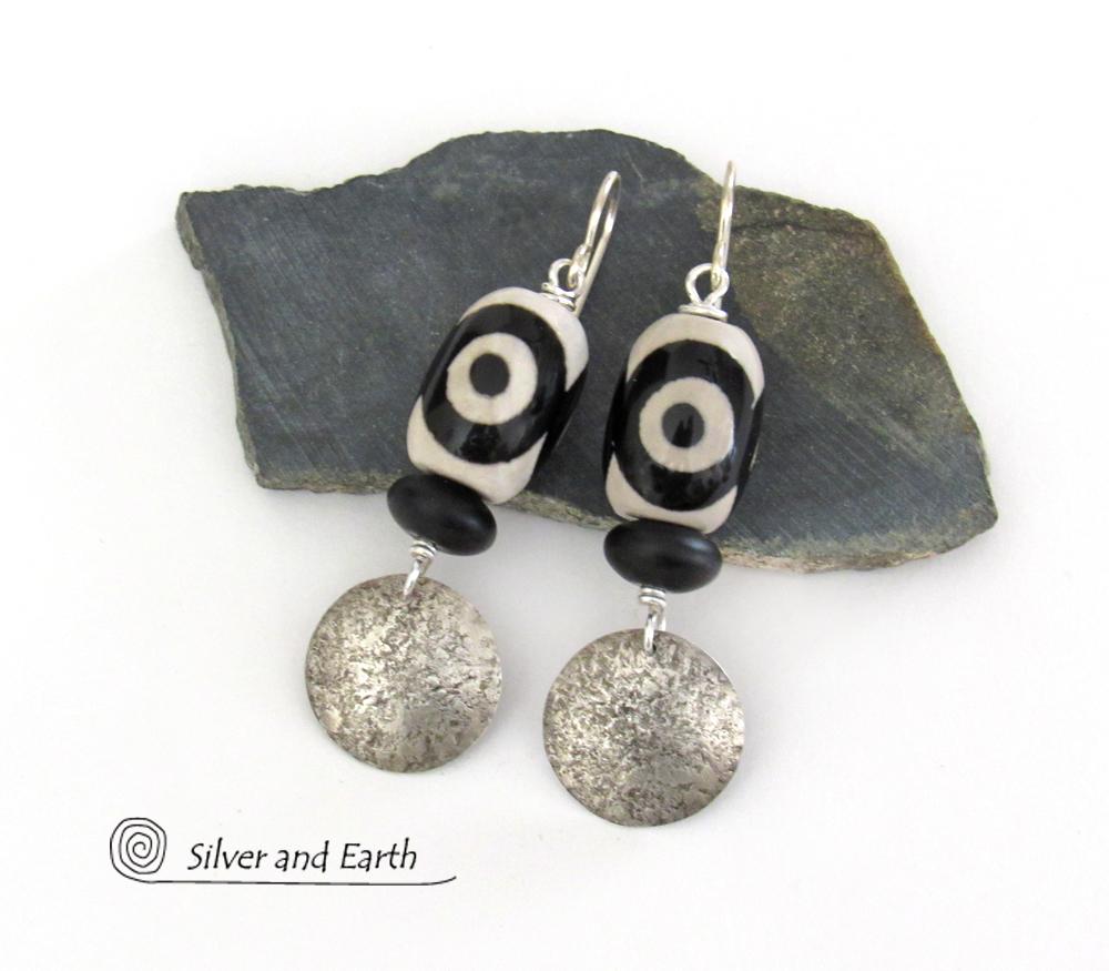 Sterling Silver Earrings with Black & White Tibetan Eye Agate Stones - Ethnic Tribal Style Jewelry