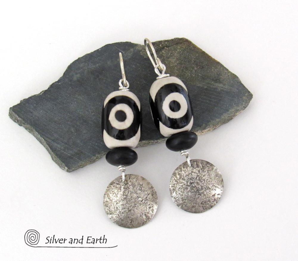 Sterling Silver Earrings with Black & White Tibetan Eye Agate Stones - Ethnic Tribal Style Jewelry