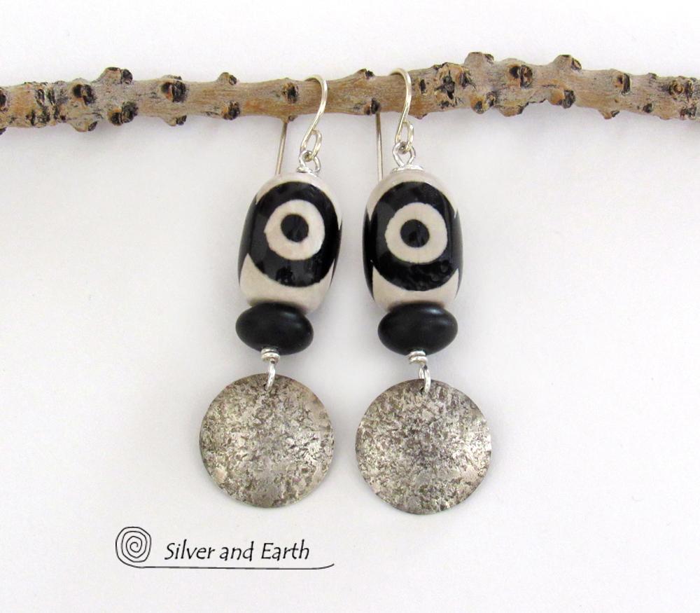 Sterling Silver Earrings with Black & White Tibetan Eye Agate Stones - Ethnic Tribal Style Jewelry