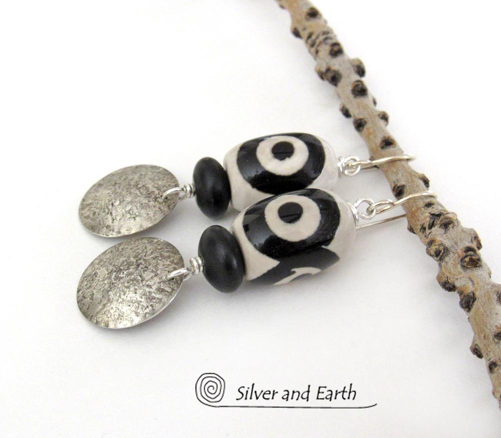 Sterling Silver Earrings with Black & White Tibetan Eye Agate Stones - Ethnic Tribal Style Jewelry