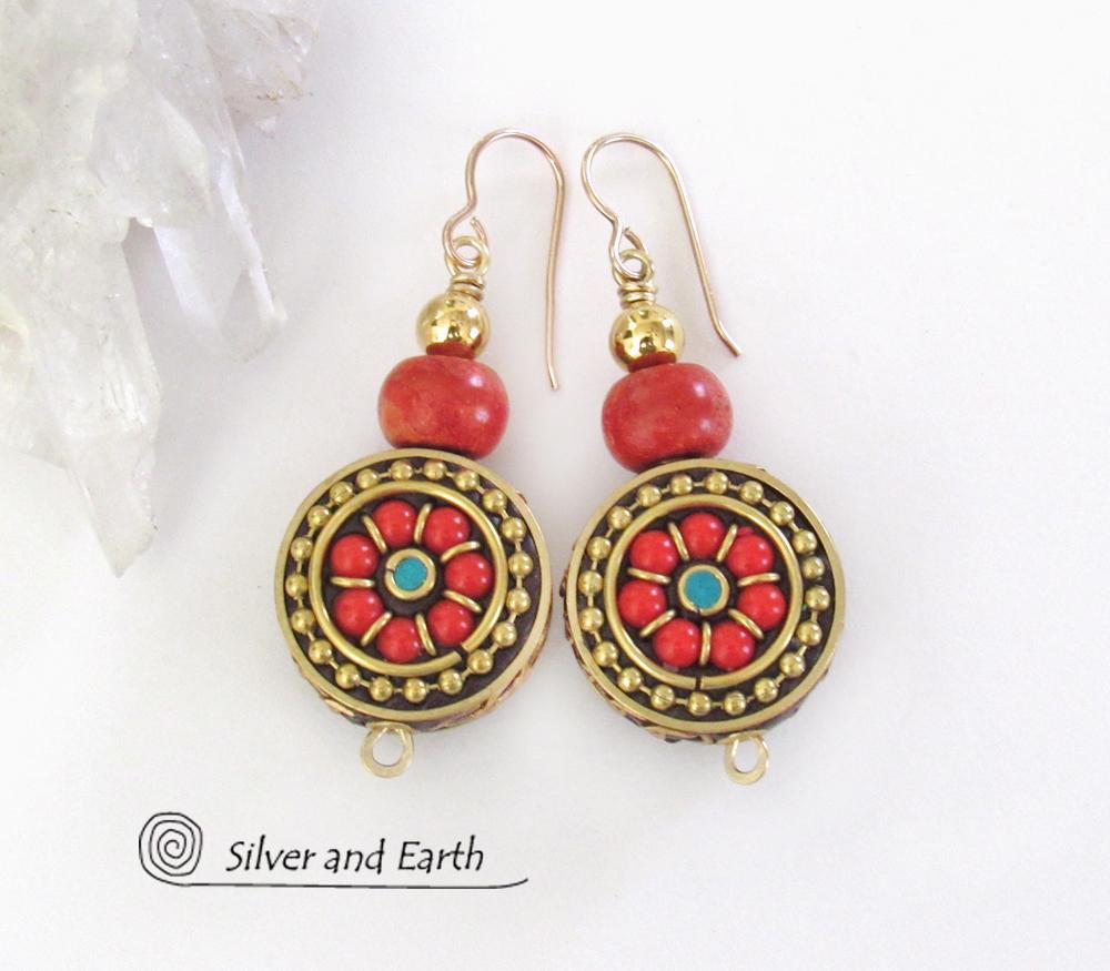 Tibetan Brass Earrings with Red Coral Inlaid Beads - Bold Exotic Bohemian Ethnic Style Jewelry