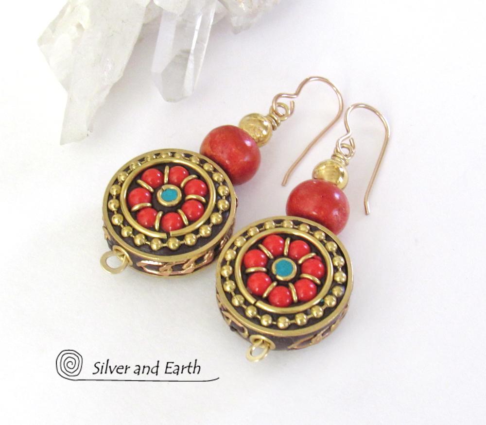 Tibetan Brass Earrings with Red Coral Inlaid Beads - Bold Exotic Bohemian Ethnic Style Jewelry