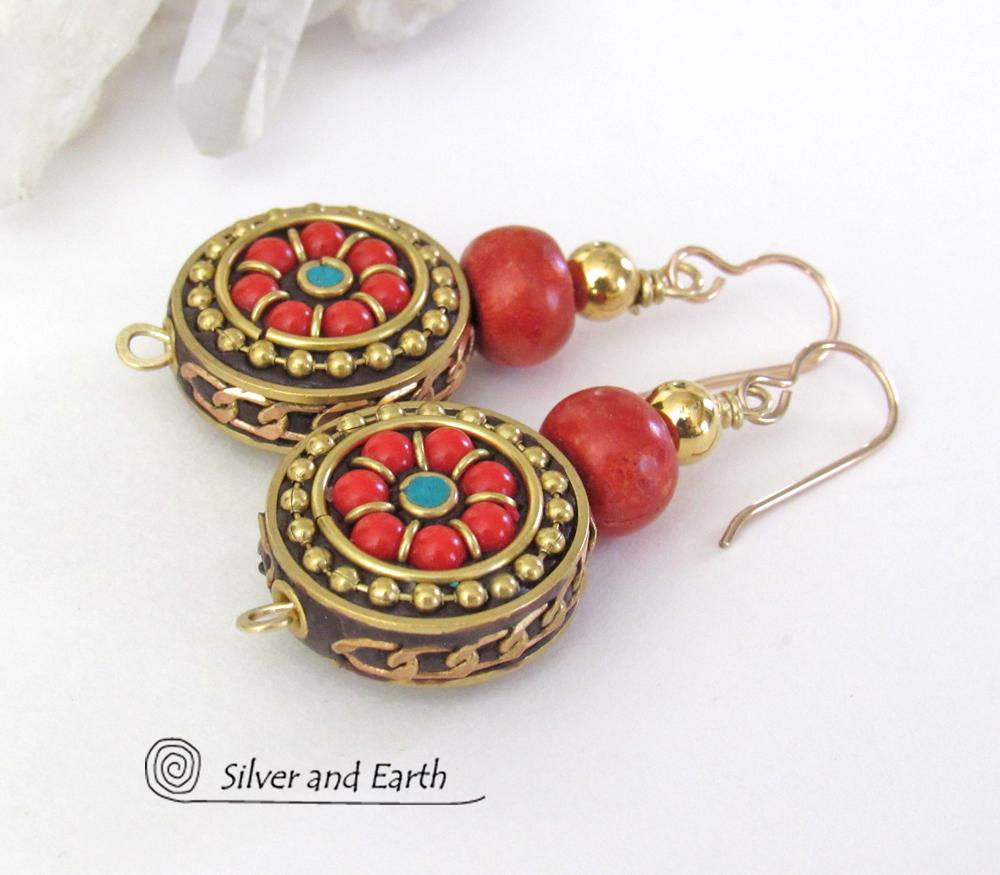 Tibetan Brass Earrings with Red Coral Inlaid Beads - Bold Exotic Bohemian Ethnic Style Jewelry