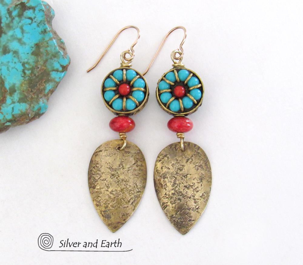 Bold Exotic Statement Earrings with Gold Brass and Tibetan Turquoise & Coral Colored Beads 