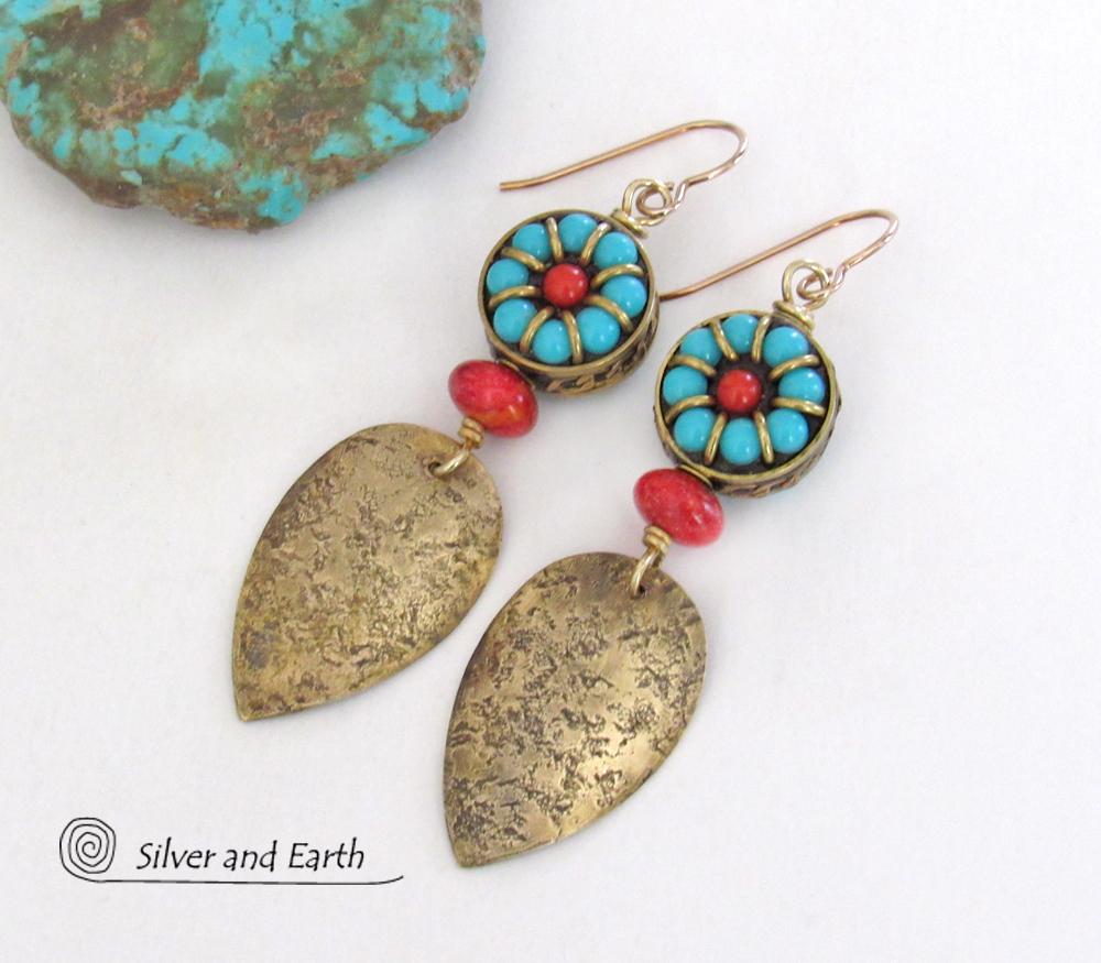 Bold Exotic Statement Earrings with Gold Brass and Tibetan Turquoise & Coral Colored Beads 