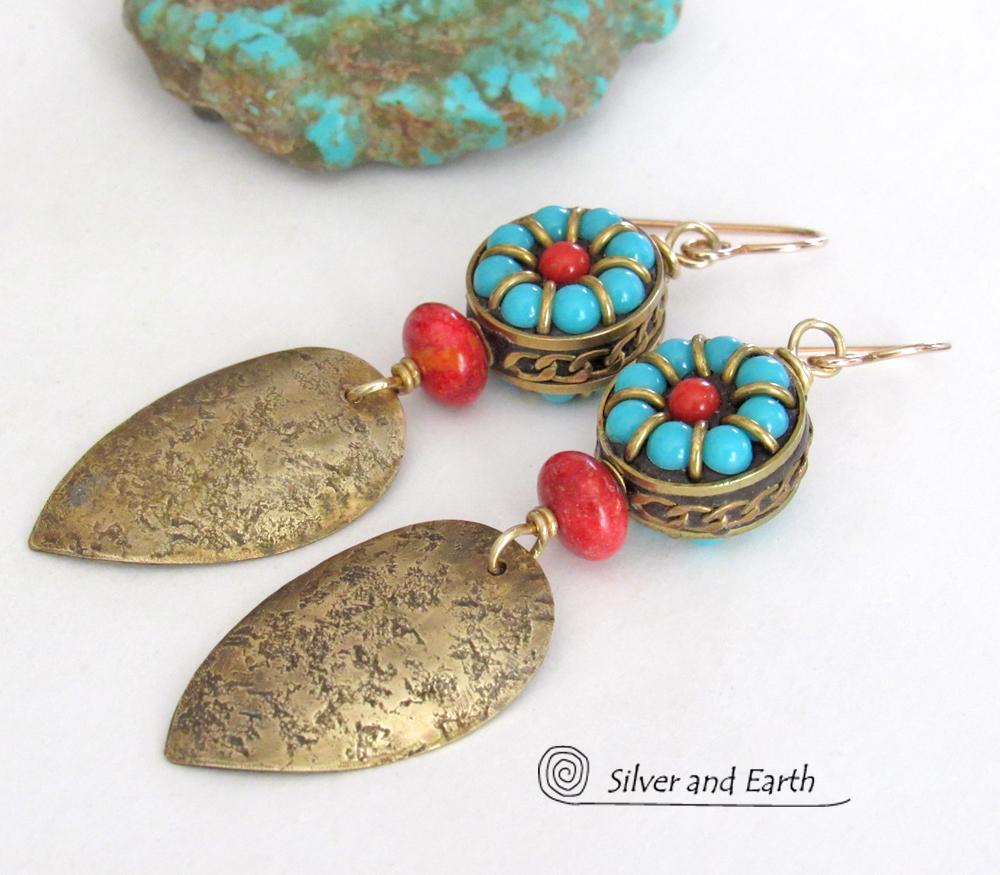 Bold Exotic Statement Earrings with Gold Brass and Tibetan Turquoise & Coral Colored Beads 