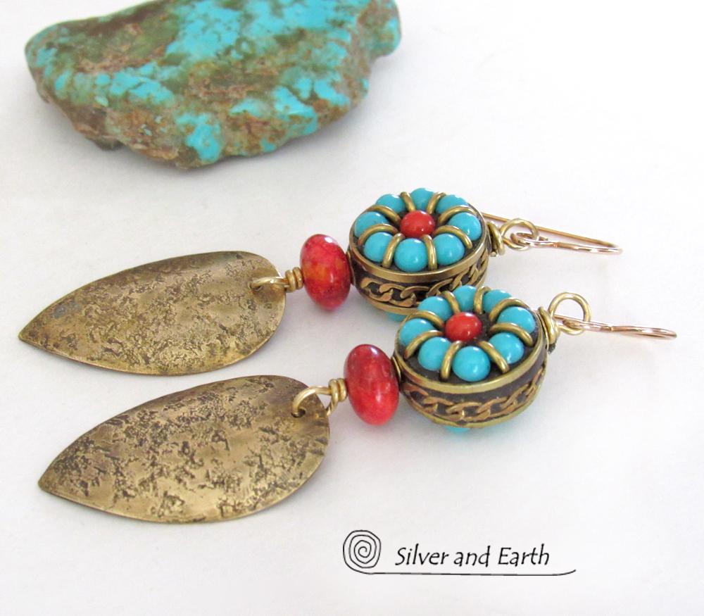 Bold Exotic Statement Earrings with Gold Brass and Tibetan Turquoise & Coral Colored Beads 