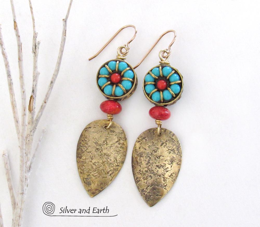 Bold Exotic Statement Earrings with Gold Brass and Tibetan Turquoise & Coral Colored Beads 