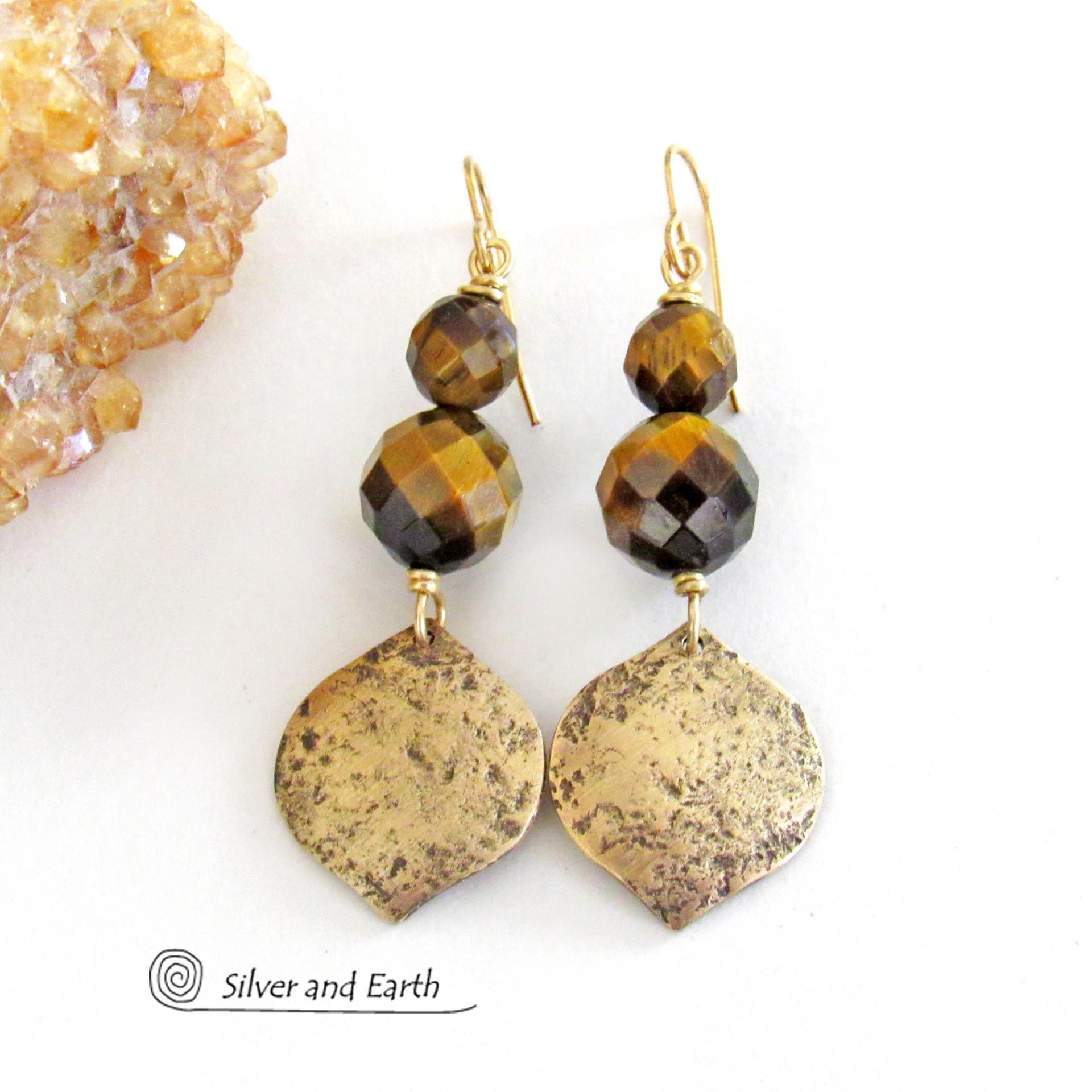 Faceted Golden Brown Tiger's Eye Gemstone Earrings Accented with Hammered Gold Brass Dangles