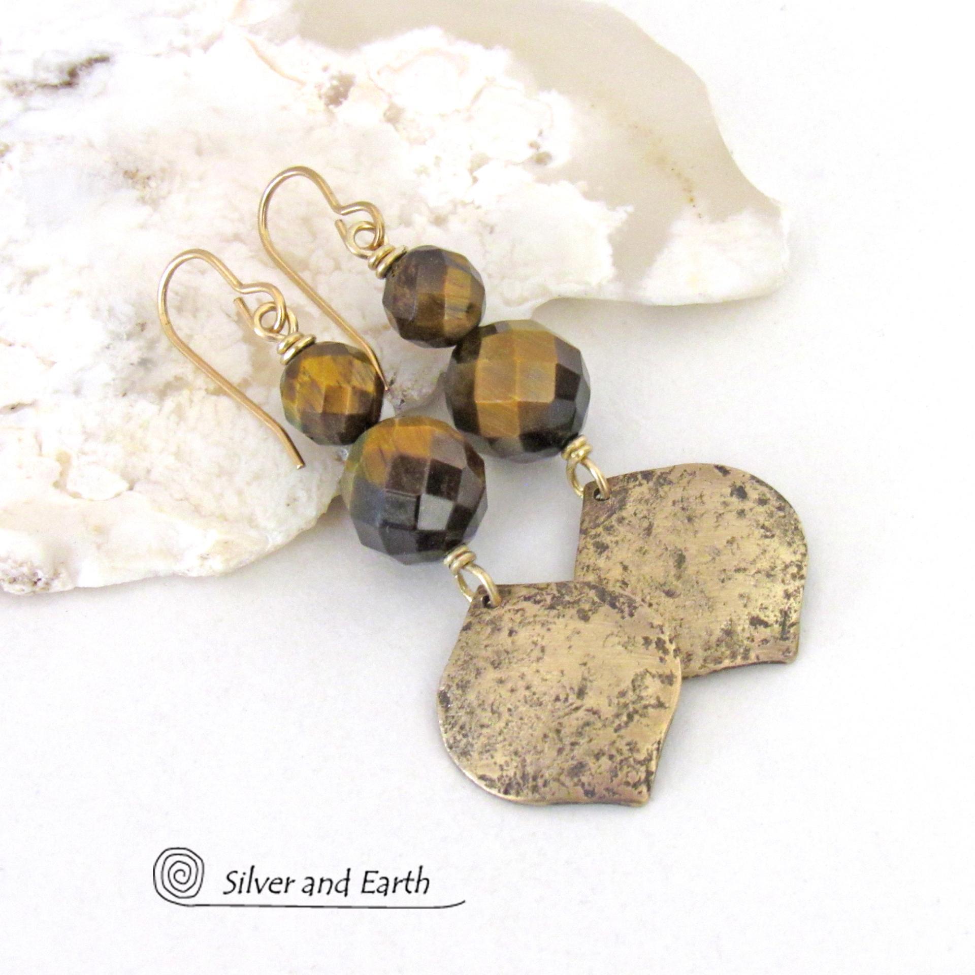 Faceted Golden Brown Tiger's Eye Gemstone Earrings Accented with Hammered Gold Brass Dangles