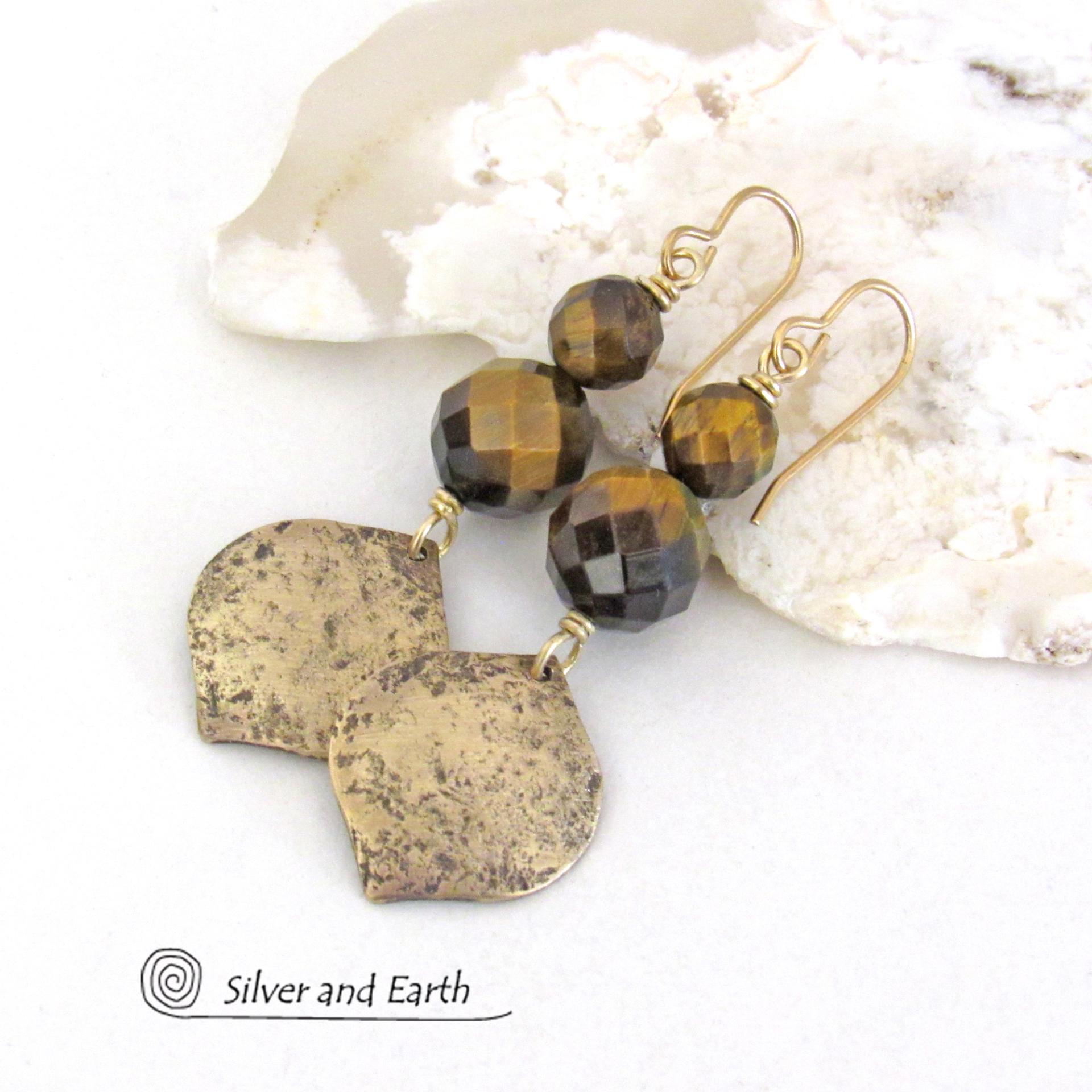 Faceted Golden Brown Tiger's Eye Gemstone Earrings Accented with Hammered Gold Brass Dangles