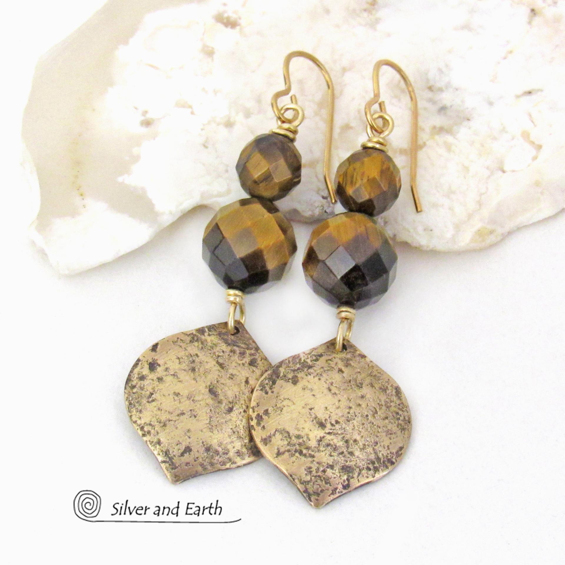 Faceted Golden Brown Tiger's Eye Gemstone Earrings Accented with Hammered Gold Brass Dangles