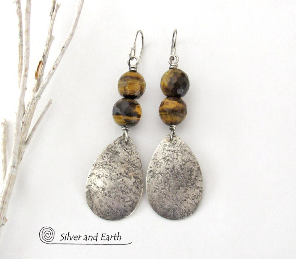 Faceted Brown Tiger's Eye Sterling Silver Dangle Earrings - Handcrafted Earthy Natural Stone Jewelry