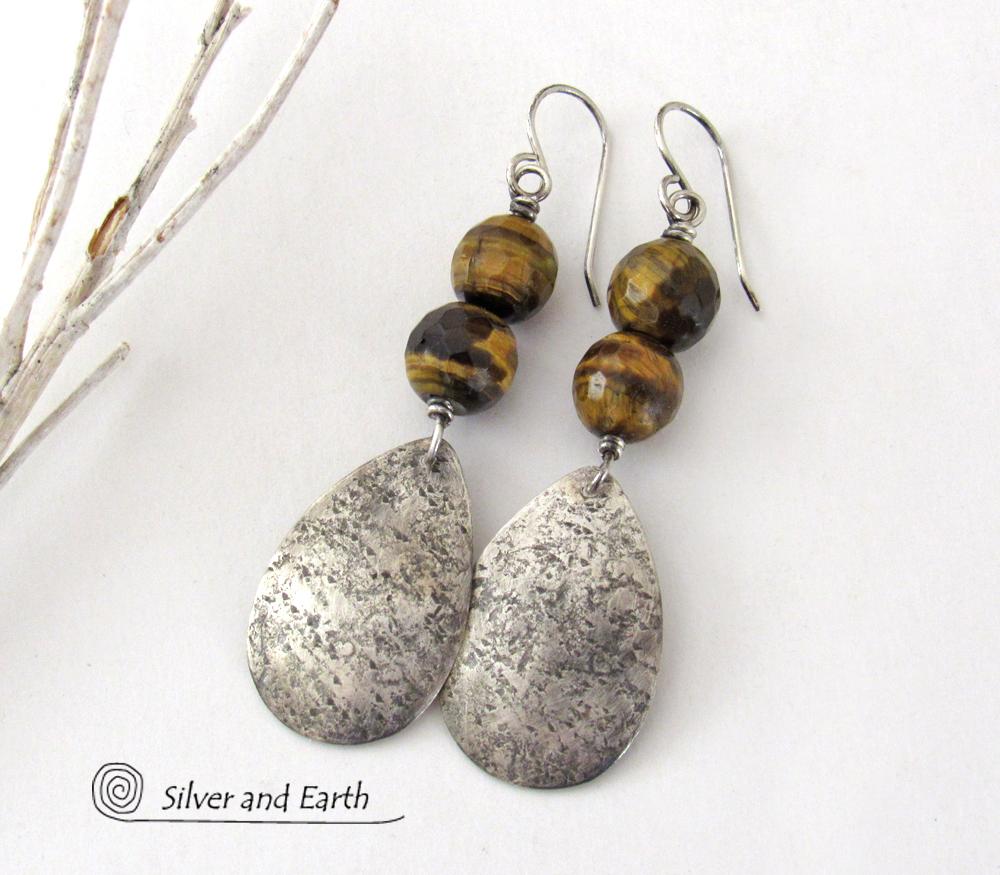 Faceted Brown Tiger's Eye Sterling Silver Dangle Earrings - Handcrafted Earthy Natural Stone Jewelry