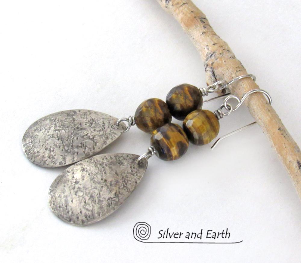 Faceted Brown Tiger's Eye Sterling Silver Dangle Earrings - Handcrafted Earthy Natural Stone Jewelry