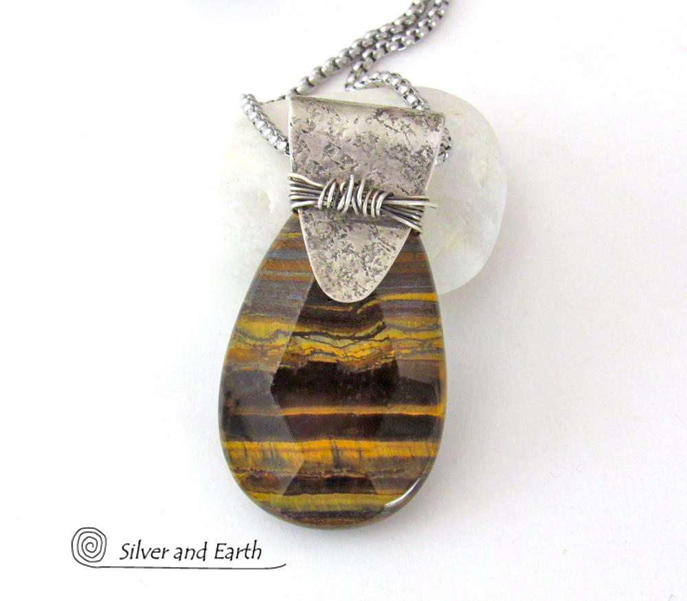 Faceted Brown Tiger's Eye Sterling Silver Necklace - One of a Kind Earthy Natural Stone Jewelry