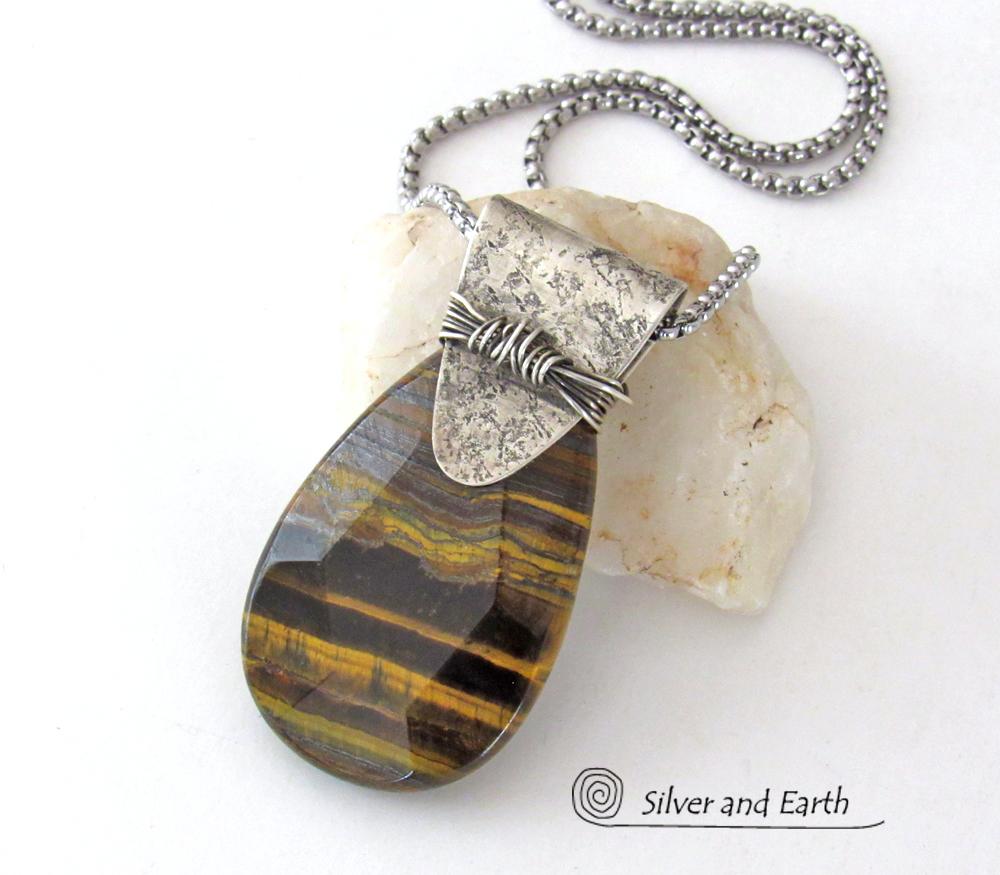 Faceted Brown Tiger's Eye Sterling Silver Necklace - One of a Kind Earthy Natural Stone Jewelry