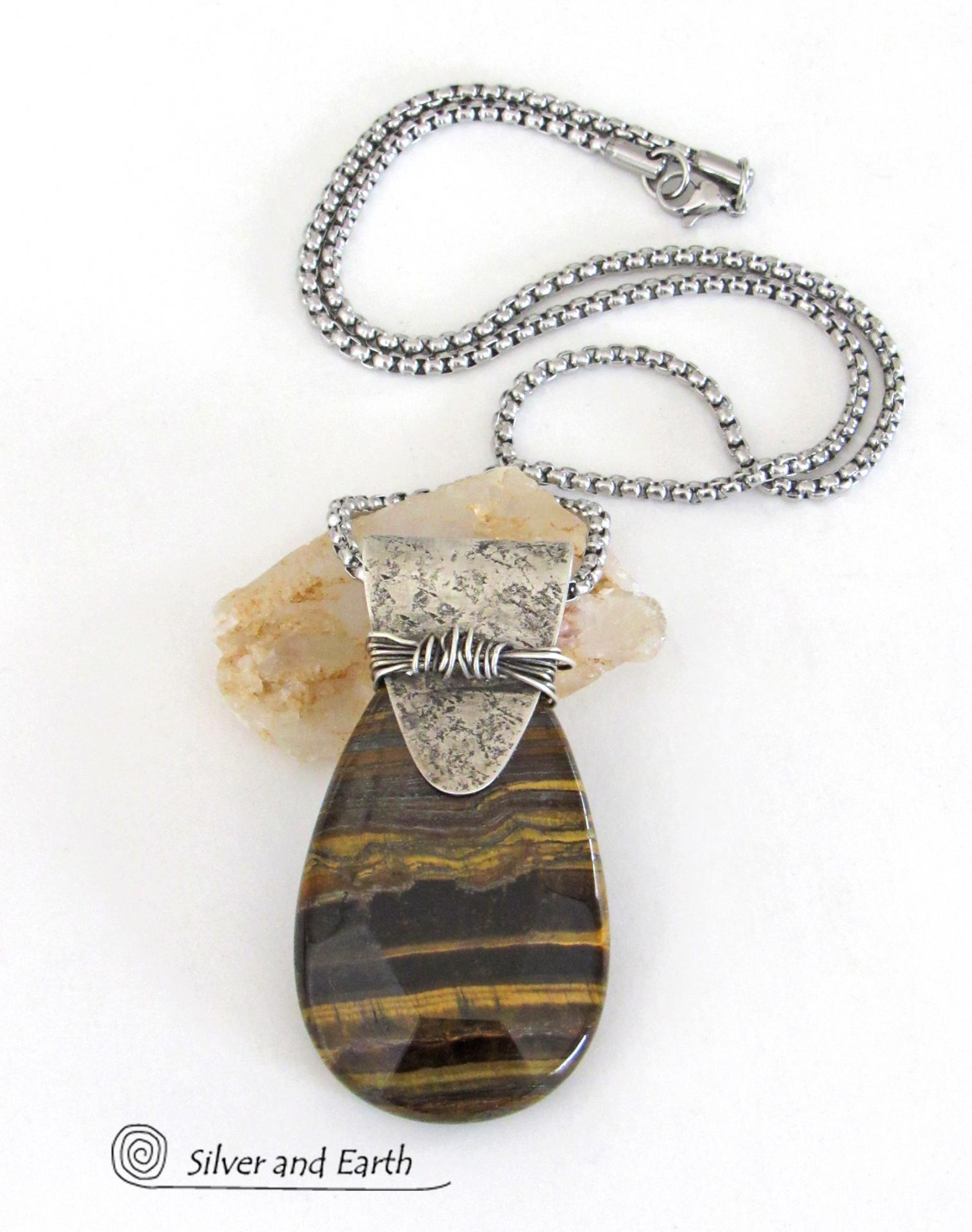 Faceted Brown Tiger's Eye Sterling Silver Necklace - One of a Kind Earthy Natural Stone Jewelry