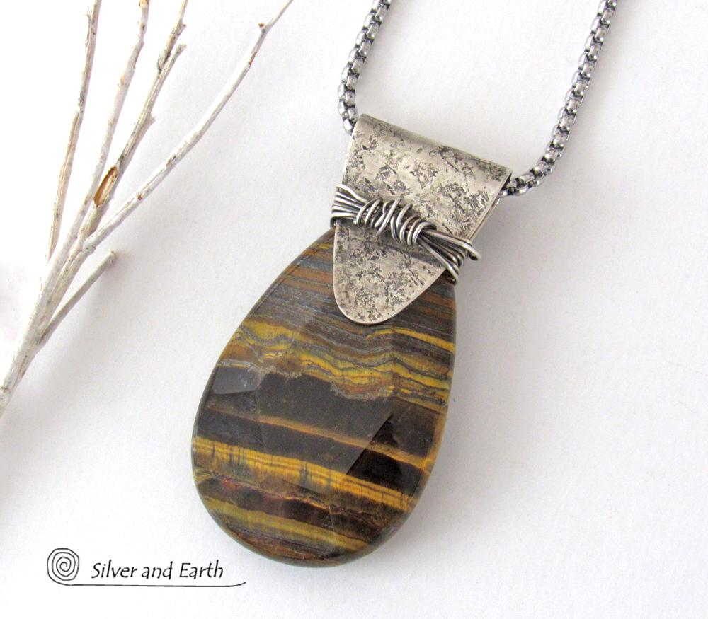 Faceted Brown Tiger's Eye Sterling Silver Necklace - One of a Kind Earthy Natural Stone Jewelry