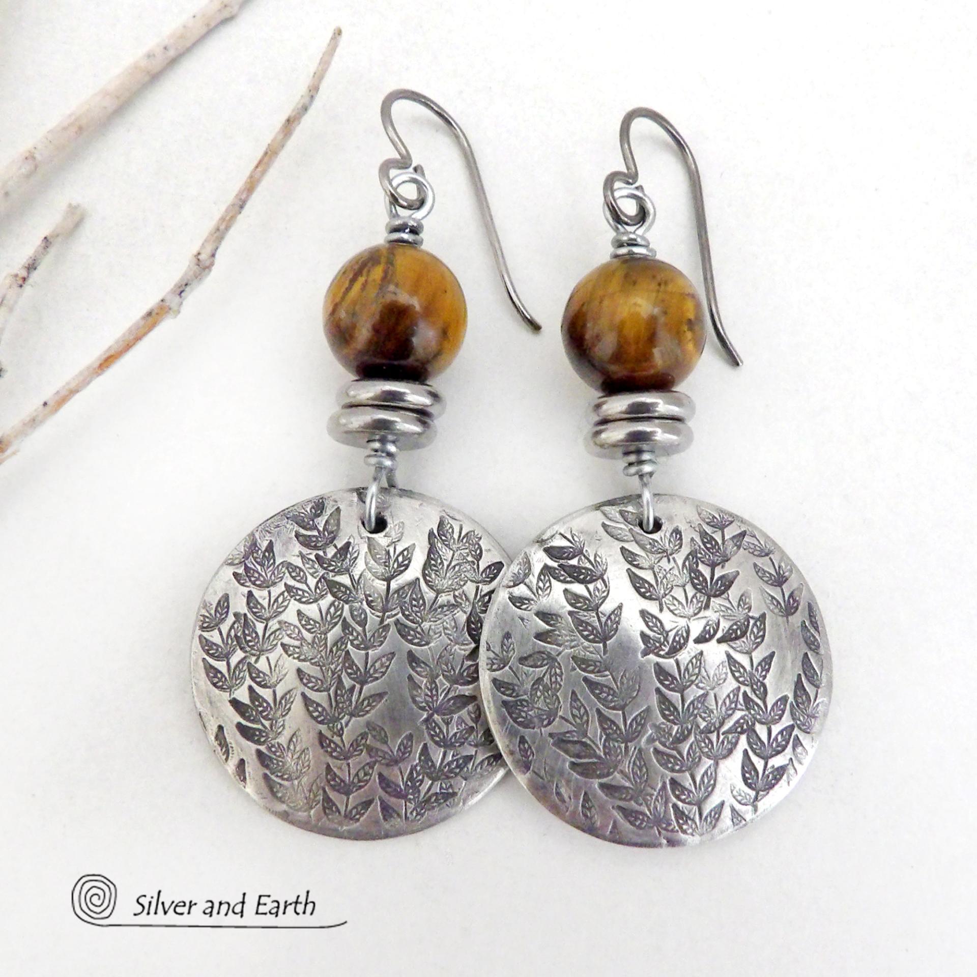 Silver Pewter Nature Earrings with Hand Stamped Leaf Texture and Brown Tiger's Eye Gemstones