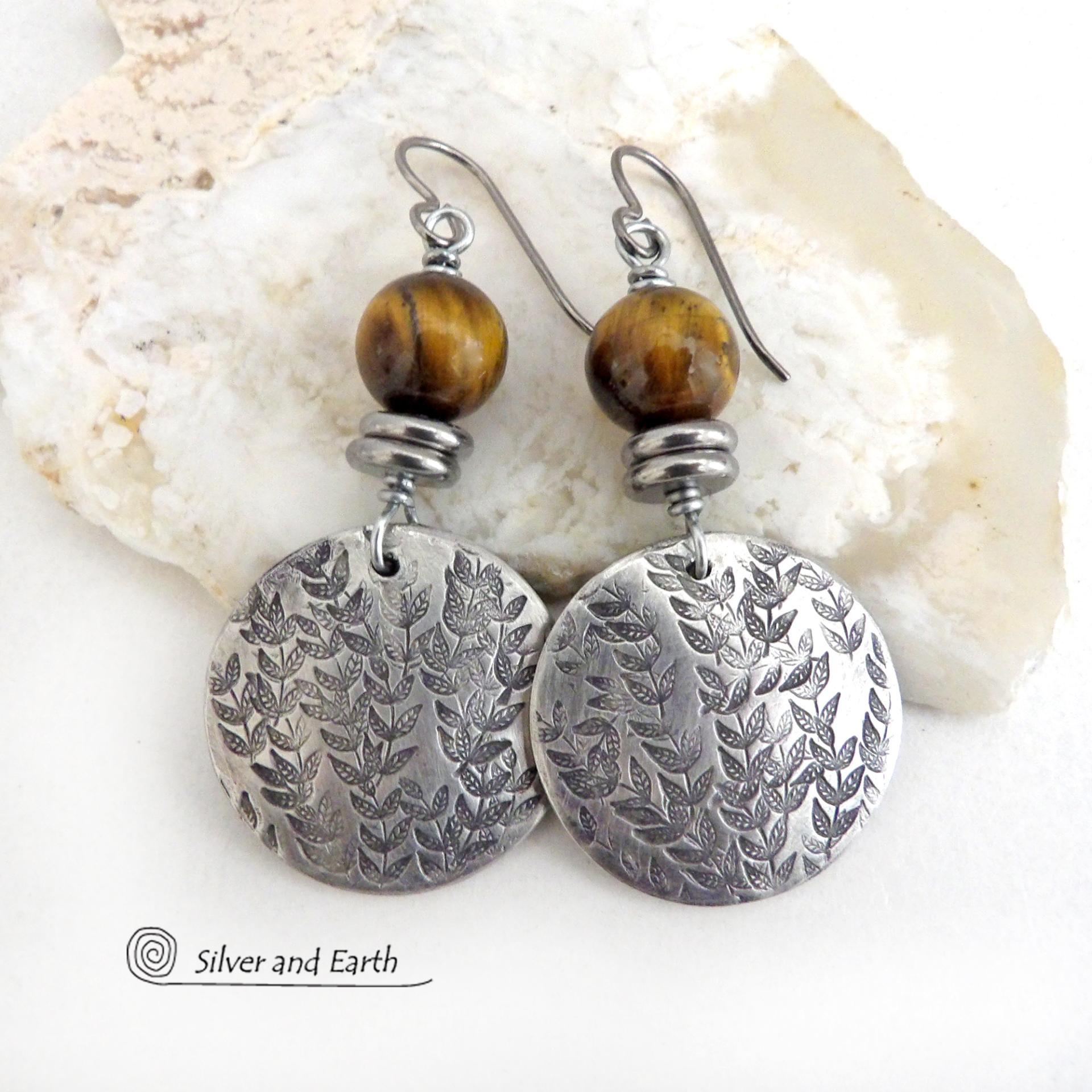 Silver Pewter Nature Earrings with Hand Stamped Leaf Texture and Brown Tiger's Eye Gemstones