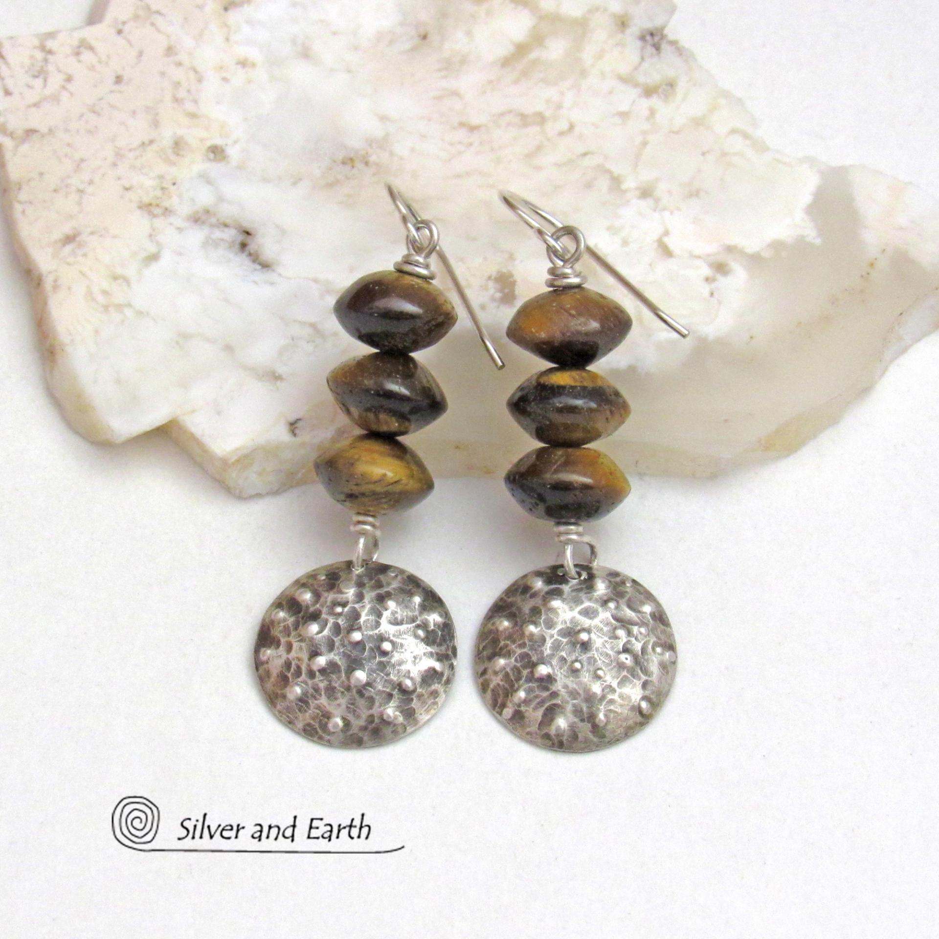 Small Sterling Silver Dangle Earrings with Brown Tiger's Eye Stones