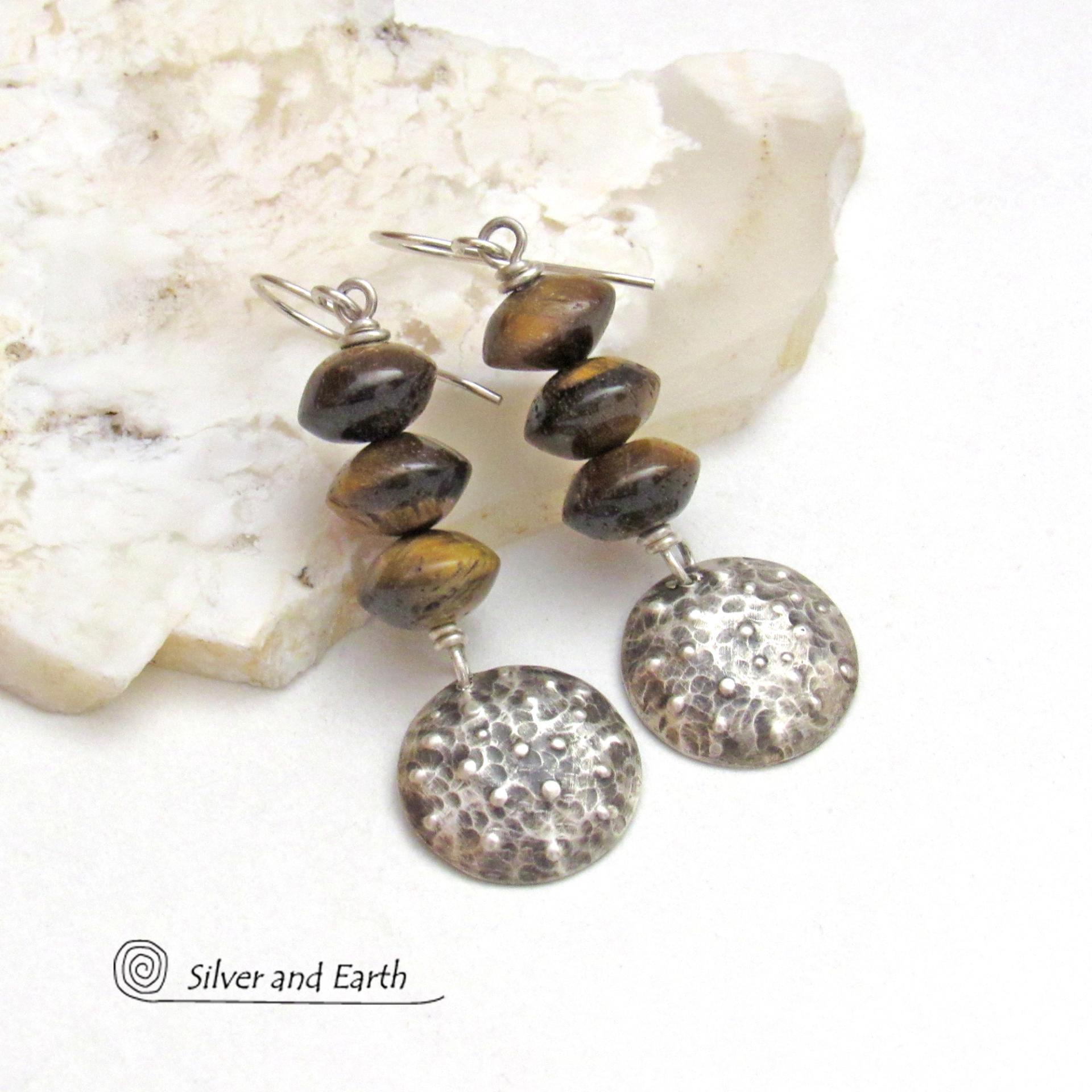 Small Sterling Silver Dangle Earrings with Brown Tiger's Eye Stones