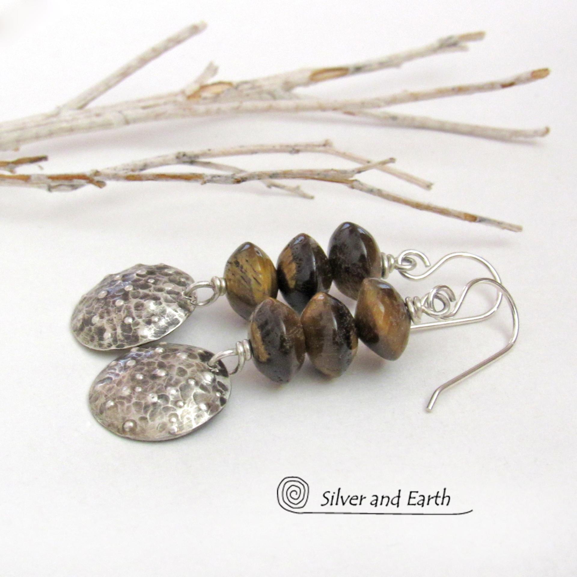 Small Sterling Silver Dangle Earrings with Brown Tiger's Eye Stones