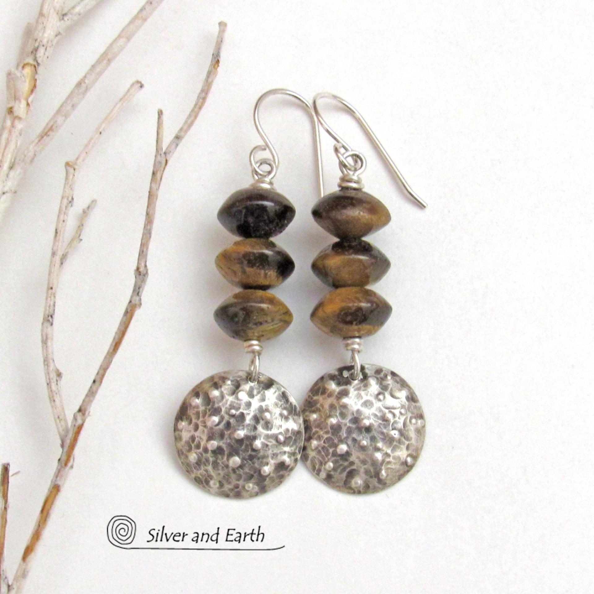 Small Sterling Silver Dangle Earrings with Brown Tiger's Eye Stones