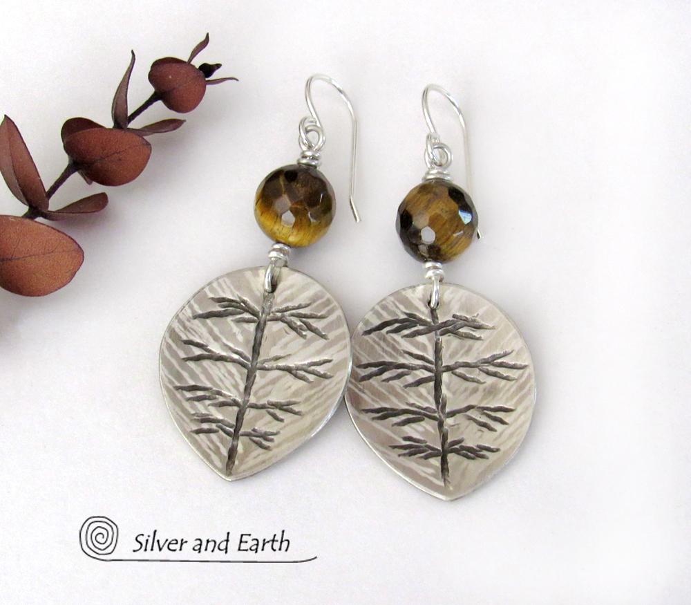 Sterling Silver Leaf Earrings with Brown Tiger's Eye Stones - Earthy Nature Jewelry