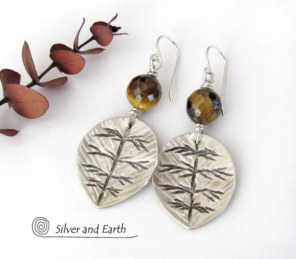 Sterling Silver Leaf Earrings with Brown Tiger's Eye Stones - Earthy Nature Jewelry