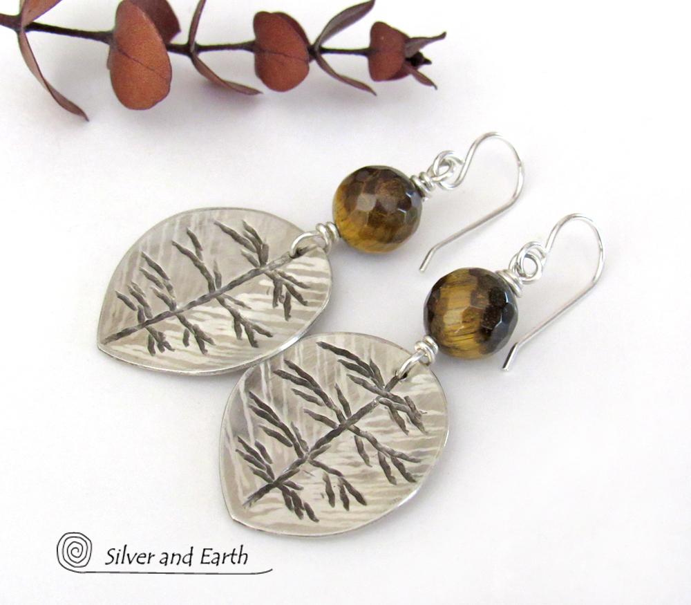 Sterling Silver Leaf Earrings with Brown Tiger's Eye Stones - Earthy Nature Jewelry