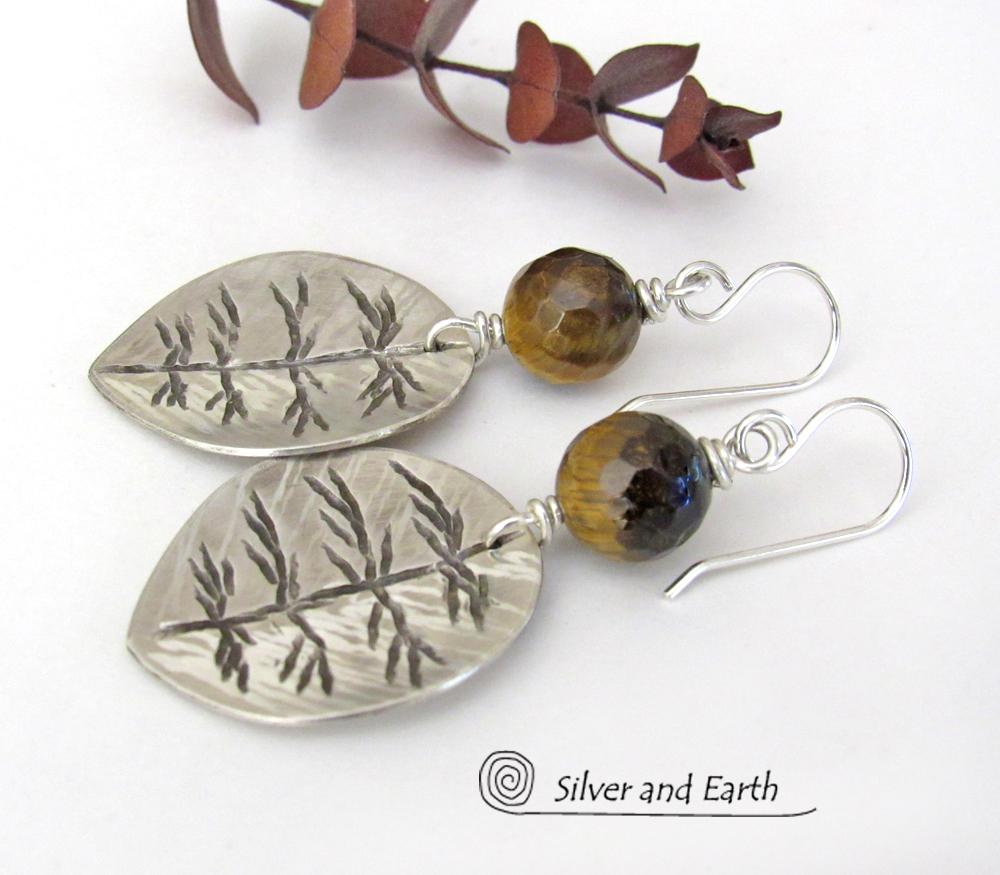 Sterling Silver Leaf Earrings with Brown Tiger's Eye Stones - Earthy Nature Jewelry