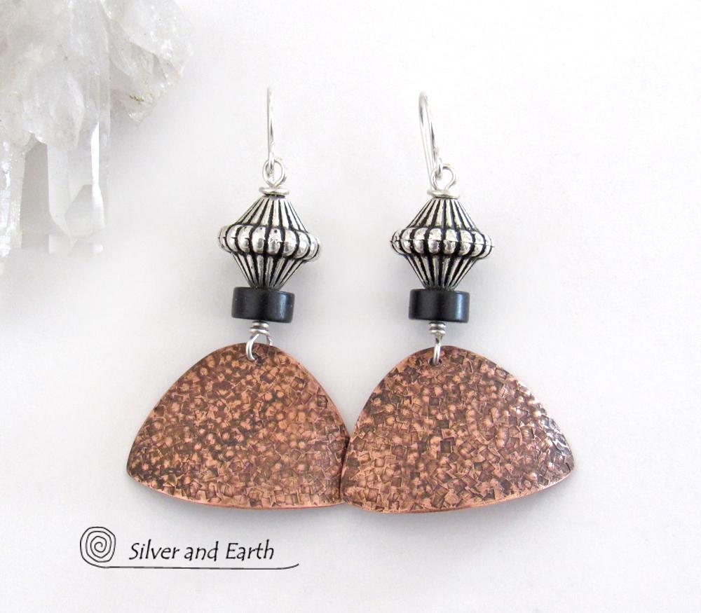 Textured Copper Earrings with Silver Beads & Black Agate Stones - Modern Mixed Metal Jewelry