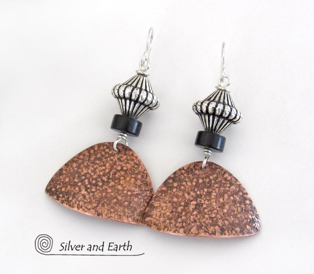 Textured Copper Earrings with Silver Beads & Black Agate Stones - Modern Mixed Metal Jewelry